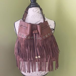 Brown leather like shoulder bag with fringe